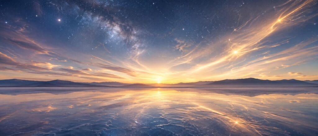Cosmic sunrise over reflective salt flats with golden light and stars, symbolizing frequency alignment for wealth and abundance.