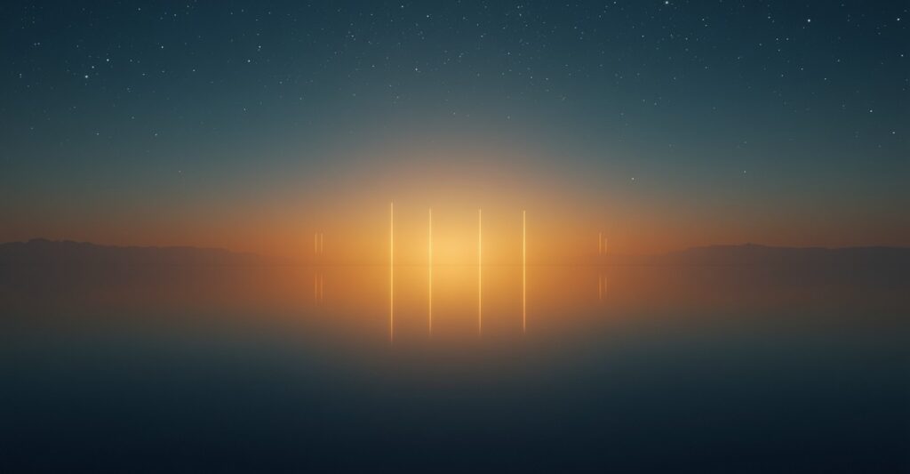 A dawn with calm ocean reflections, golden sunrise light, and glowing angel numbers 111, 222, 333, and 444 in the sky, created for a blog about angel numbers and money messages within the wealth field.
